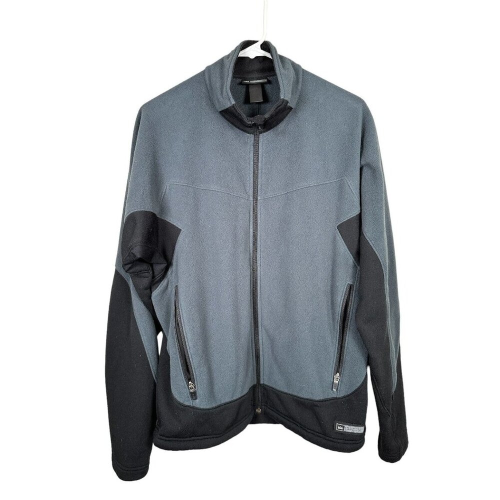 Vintage REI Mens Fleece Jacket Coat Full Zip Gray Black Long Sleeve‎ Pockets